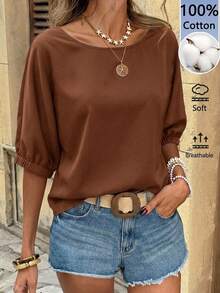 SHEIN LUNE Kemeja Wanita Lengan 3/4 Warna Cokelat dari Katun Murni - Coklat - View 1