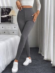 SHEIN LUNE 女款抓絨內裡羅紋休閒高腰內搭褲 - 深灰色 - 查看 4