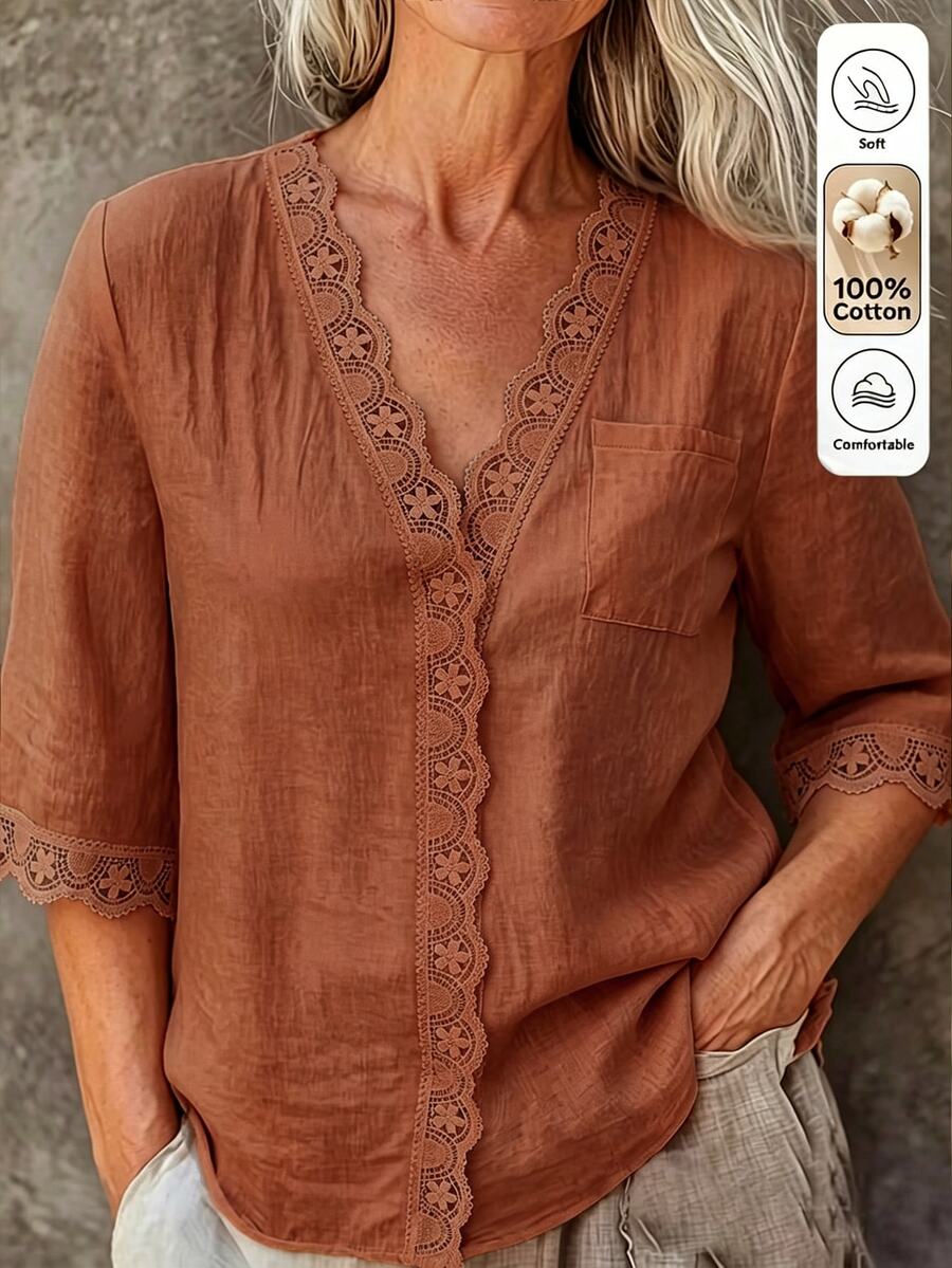 Linhara CURVE Plus-Size Women's Patchwork Lace Casual Autumn Blouse - Orange - View 1