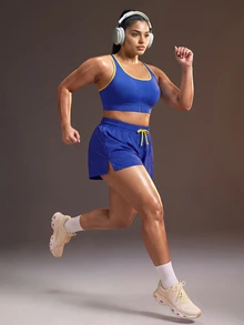 Powerista شورت رياضي نسائي مقاس كبير بألوان أصفر وأزرق بتصميم كتل لونية - أزرق غامق - مشاهدة 6