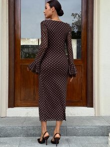 MaterniWear Maternity Spliced Lace V-Neck Polka Dot Print Flared Sleeve Fitted Elegant Dress - Brown - View 3