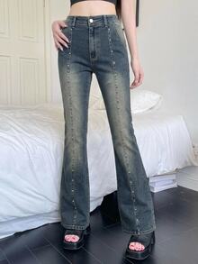 DAZY Women's Blue Washed Distressed High Waist Skinny Flare Leg Jeans With Rivet Design, Casual Street Style - Blue - View 8