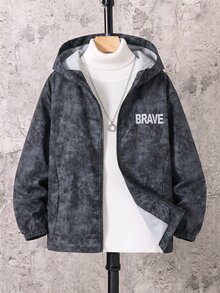 SHEIN 兒童男童休閒字母圖案印花連帽外套，輕量寬鬆版型拉鍊連帽夾克，開學季秋季校園穿搭黑色外套 - 彩色 - 查看 1