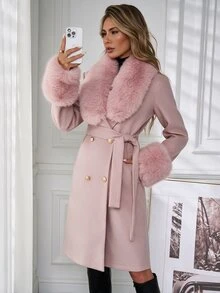 SHEIN Clasi 女款雙排扣繫帶毛絨飾邊優雅長版大衣，秋冬款 - 粉色 - 查看 1