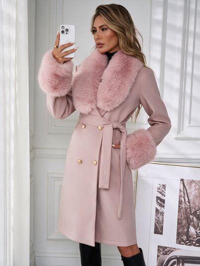 SHEIN Clasi Women's Double-Breasted Belted Fluffy Trimmed Elegant Long Coat In Fall/Winter
