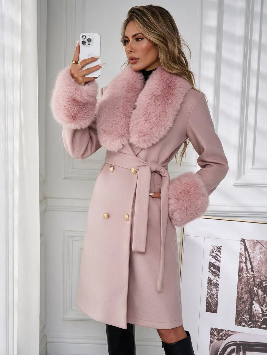 SHEIN Clasi 女款雙排扣繫帶毛絨飾邊優雅長版大衣,秋冬款 - 粉色 - 查看 1