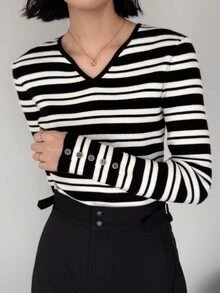 FRIFUL 女款黑白條紋V領長袖修身休閒法式針織衫，適合辦公室秋季穿搭 - 黑與白 - 查看 1
