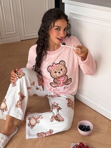 SweetSlumber Women's Letter Cartoon Print Long Sleeve Top And Pants Casual Daily Home Sleepwear Set - Multicolor - View 6