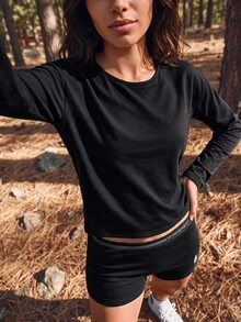 Exploreva Women's Long Sleeve Backless Cross Back T-Shirt - Black - View 4