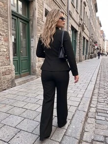 Vionelle Plus Size Knitted High Neck Triangle Collar Long Sleeve Cinched Waist A-Line Split Pants Straight Leg Casual Versatile Commute Office Suit Set - Black - View 2