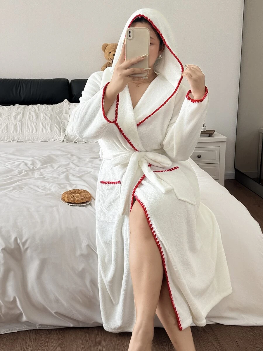 Napfluff CURVE Napfluff CURVE Contrast Color Machine Embroidered Trim With Dual Pockets Lapel Collar Plush Long Sleeve Plus Size Women's Robe - White - View 1