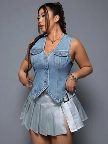 SHEIN CURVE+ Plus Size Women's V-Neck Single-Breasted Casual Denim Vest - Blue - View 3