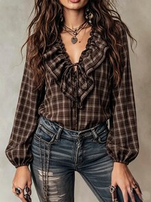 SHEIN PariChic INS French Style Ruffle Trim Plaid Shirt For Women - Coffee Brown - View 1