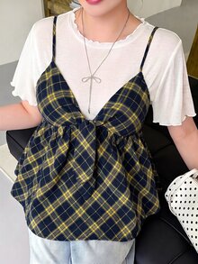 Bijouette 大尺碼女款夏季時尚休閒優雅浪漫極簡度假格紋兩件套，白色針織圓領短袖上衣與格紋V領細肩帶上衣，大尺碼女款兩件套，白色女款兩件套與藍色女款兩件套，限量版櫻花季末班車 - 黃色 - 查看 5