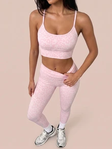 SHEIN BAE Women's Leopard Print Ruched Butt Leggings For Daily Fitness And Sports - Baby Pink - View 3