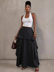 BamGlimmer Black Asymmetrical Long Skirt Fluid Woven Fabric High Waist Loose A-Line Layered Hem Design Hip Silhouette Classy Elegant Party Date Night Fall - Black - View 9