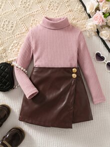 SHEIN 女童小女孩針織素色立領休閒T恤與PU皮革秋季裙 2件套 - 彩色 - 查看 6