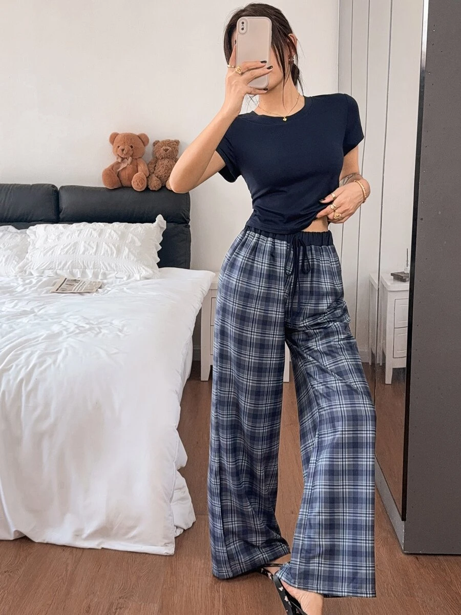Napfluff Casual Home & Streetwear Plaid Knit Short Sleeve Women's Pajama Pants Set - Multicolor - View 1