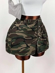 Mistrie Chân váy denim nữ thời trang đa năng họa tiết rằn ri, cài cúc, túi hộp, gấu sờn, màu xanh quân đội - xanh quân đội - Xem 5