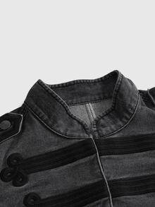 ROMWE Grunge Punk Street Punk New Chinese Style Frog Button Design Slim Fit Small Stand Collar Long Sleeve Women's Denim Jacket - Grey - View 3