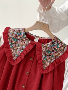 LMoss Kids 女童小女孩編織純色拼接花卉彼得潘領休閒洋裝 - 紅色 - 查看 7