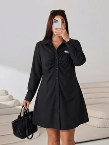 Solflare Plus Size Women's Collared Long Sleeve Black Mini Dress - Black - View 3