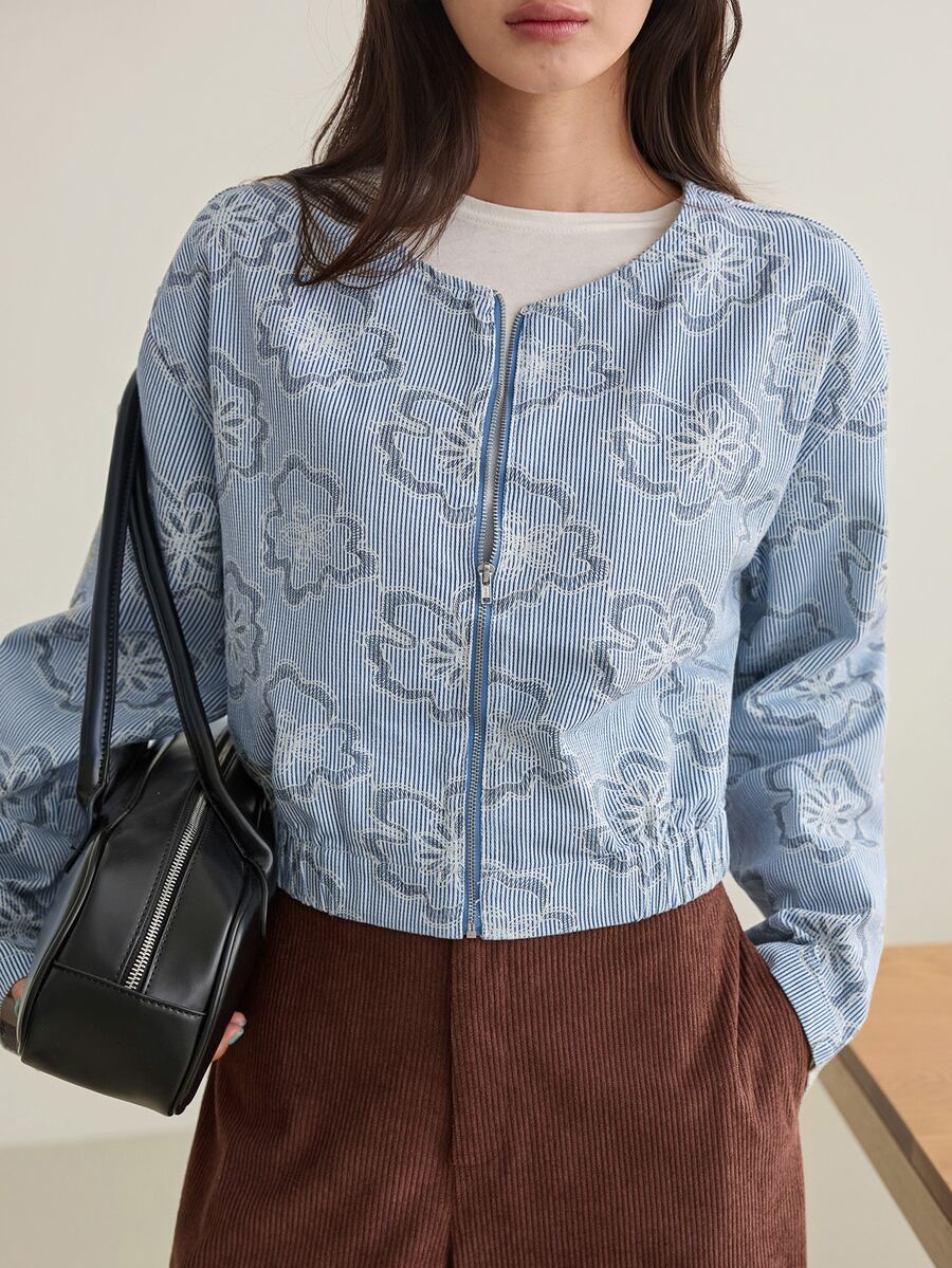 Dazy-Less Women's Floral Striped Long Sleeve Zipper Front Denim Jacket - Blue - View 1