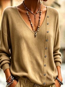 LUMIGAL Sweater Rajut Kancing Lengan Panjang Leher V Wanita - Khaki - View 3