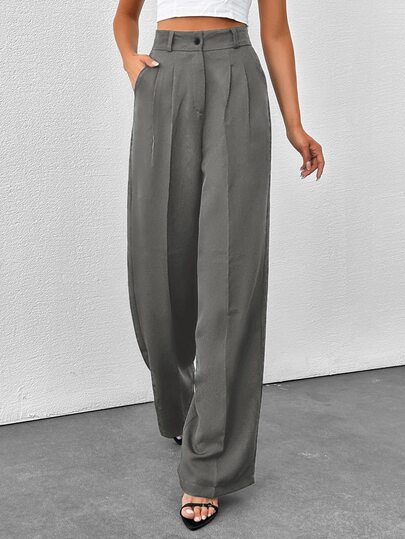 SHEIN Petite Women's Solid Color High Waisted Wide Leg Pants