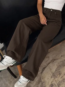 DAZY Teen Girls Straight Leg Casual Long Pants Autumn/Winter Brown Daily Minimalist Jeans - Brown - View 7