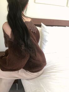 DAZY Women's Mesh Lace Patchwork Long Sleeve Elegant Banquet Net-Like Autumn/Winter Solid Color Sweater - Coffee Brown - View 3