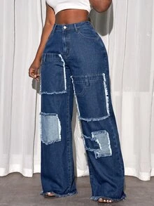 Slaydiva Plus Size Women's Patchwork Pocket Wide Leg Loose Casual Denim Jeans - Blue - View 3