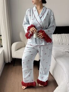 Napfluff CURVE Napfluff CURVE Women's Plus Size Colorful Patchwork 3D Lace Trim Striped Bow Print Long Sleeve Top & Long Pants Pajama Set - Blue - View 7