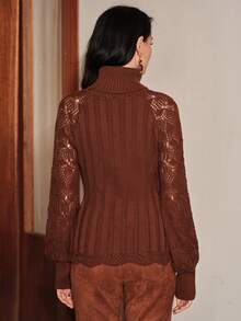 Anewsta Women's Knitted High Neck Turn Collar Petal Sleeve Pullover Sweater - Khaki - View 7