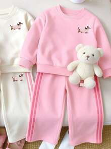 Baby Girls Cartoon Dog Embroidered Sweatshirt & Wide Leg Pants Set, Pink Stripe Detail (1 Set) Fall Winter - Multicolor - View 3