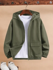 SHEIN Kids Tween Boy Casual Hooded Versatile Army Green Utility Pocket Jacket, Suitable For Commuting, School, Daily Casual Outings, Sports, Autumn/Winter - Army Green - View 6