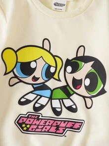 THE POWERPUFF GIRLS X SHEIN Young Girl Crew Neck Long Sleeve Sweatshirt And Sweatpants Casual Set - Apricot - View 4