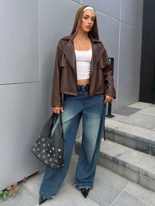 Aloruh Jaket Trench Coat Pendek Khaki Serbaguna untuk Musim Gugur/Dingin untuk Wanita - Coklat - View 4