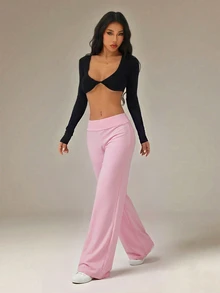 SHEIN PETITE 黑色高腰寬腿寬鬆休閒長褲 - 粉色 - 查看 7