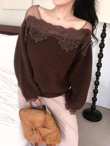 DAZY Women's Mesh Lace Patchwork Long Sleeve Elegant Banquet Net-Like Autumn/Winter Solid Color Sweater - Coffee Brown - View 8