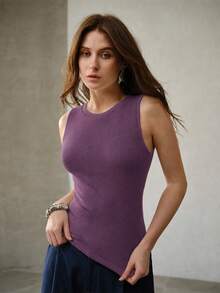 MOTF PREMIUM WOMEN'S SOLID COLOR ROUND NECK SLIM FIT CASUAL VERSATILE TANK TOP - Purple - View 4