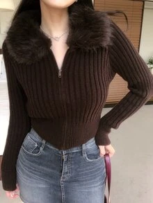 DAZY Women's Autumn/Winter Fur Collar Patchwork Open Front Short Sweater - Brown - View 1