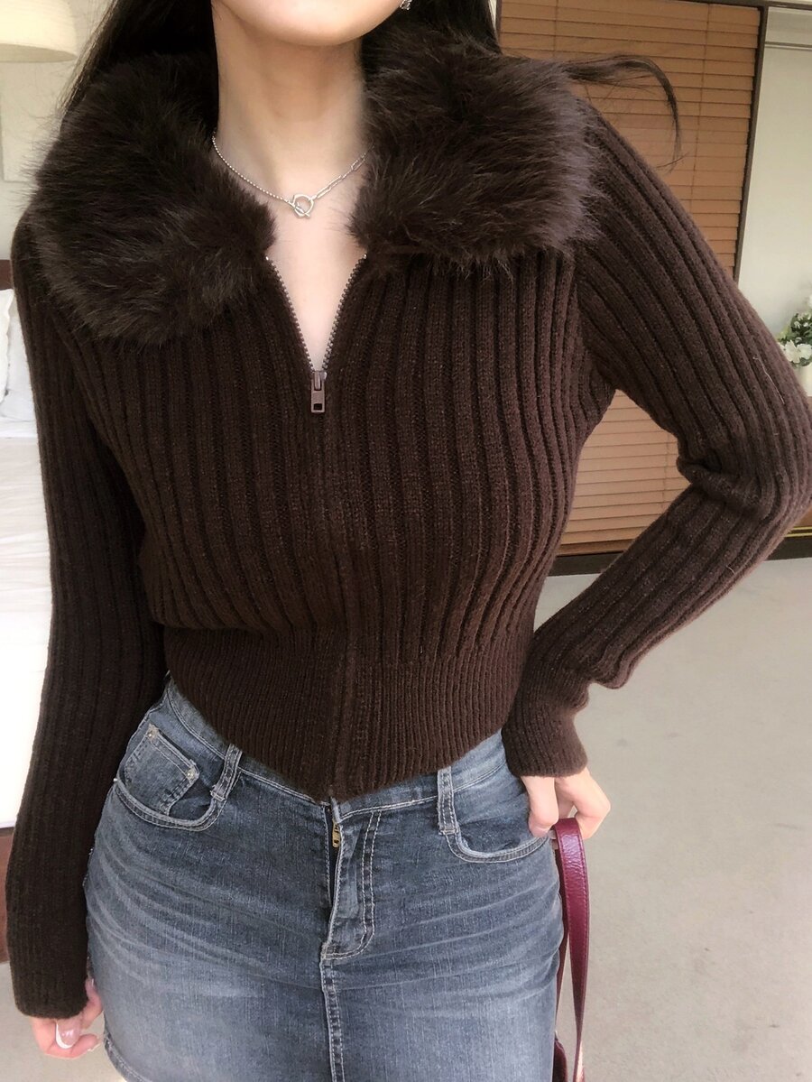 DAZY Women's Autumn/Winter Fur Collar Patchwork Open Front Short Sweater - Brown - View 1