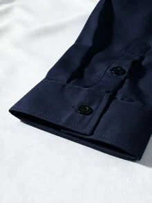 Manfinity Mode Men's Solid Color Stand Collar Hidden Button Design Business Casual Long Sleeve Shirt - Navy Blue - View 5