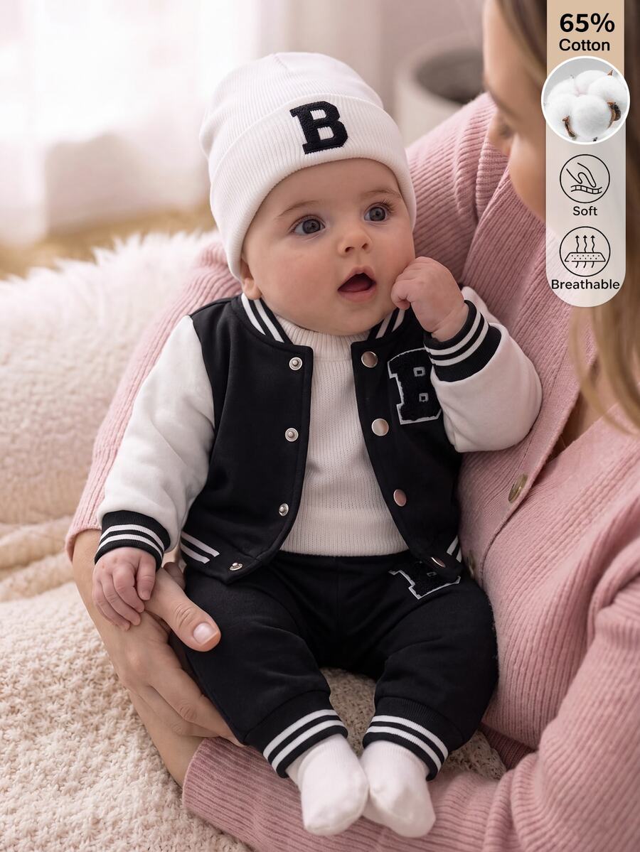 SHEIN 2pcs Newborn Spring/Autumn Fleece Baseball Outfit Set, Soft Skin-Friendly Baby Casual Cotton Sports Set - Multicolor - View 1