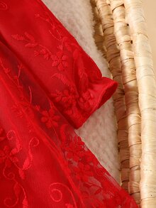 SHEIN 2件組新生女嬰公主芭蕾舞裙套裝，甜美紅色蕾絲花卉長袖圓領常規款派對秋季假日洋裝，附荷葉邊刺繡帽子 - 紅色 - 查看 7
