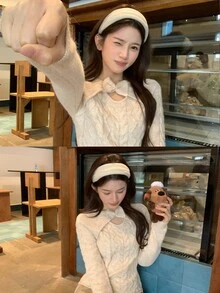 DAZY Women's Bowknot Long Sleeve 2 In 1 Sweater, Autumn/Winter - Beige - View 9