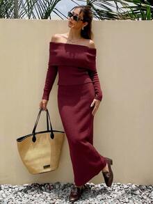 Strévra Women's 2pcs Set: Burgundy Round Neck Long Sleeve Knit Sweater & High Waist Slim Fit Ribbed Knit Pants, Autumn/Winter - Burgundy - View 3