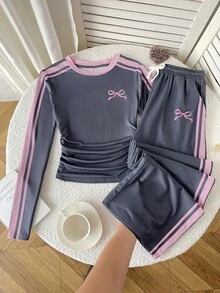 SHEIN 青少年女孩 T-Shirt 套裝 秋冬/春季休閒日常街頭風 配色蝴蝶結條紋印花圓領長袖 T-Shirt 與鬆緊抽繩運動長褲套裝，日常穿搭 - 灰色 - 查看 2