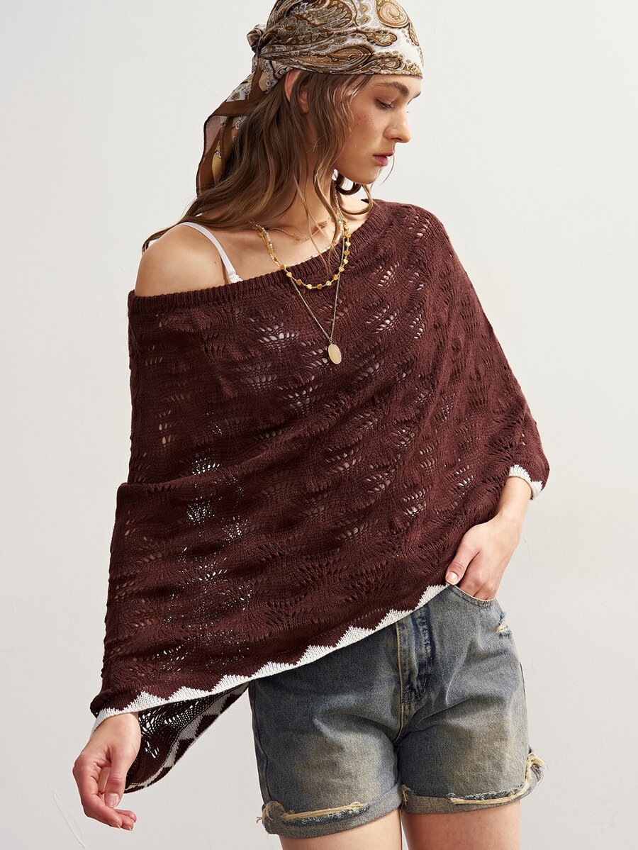 Bohemela Women's Boat Neck Hollow Out Cape Sleeve Sweater - Apricot - View 1
